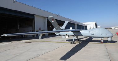 The Anka drone is seen in front of TAI’s facility in Ankara, Turkey, March 5, 2021. (AFP Photo)