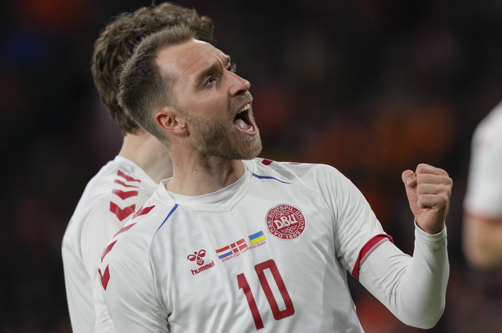 Denmark&#039;s Christian Eriksen celebrates scoring in an international friendly against the Netherlands, Amsterdam, the Netherlands, March 26, 2022. (AP Photo)