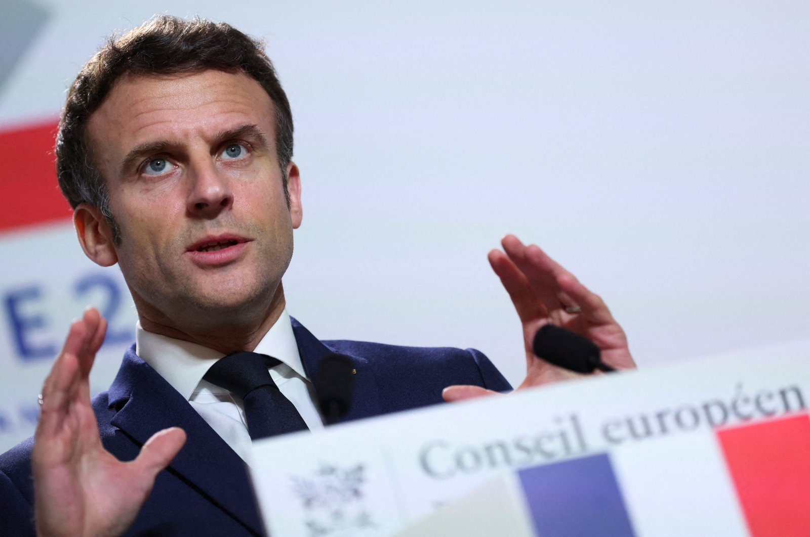 French President Emmanuel Macron gestures as he speaks to the media after European Union leaders&#039; summit, amid Russia&#039;s invasion of Ukraine, in Brussels, Belgium, March 25, 2022. (REUTERS Photo)