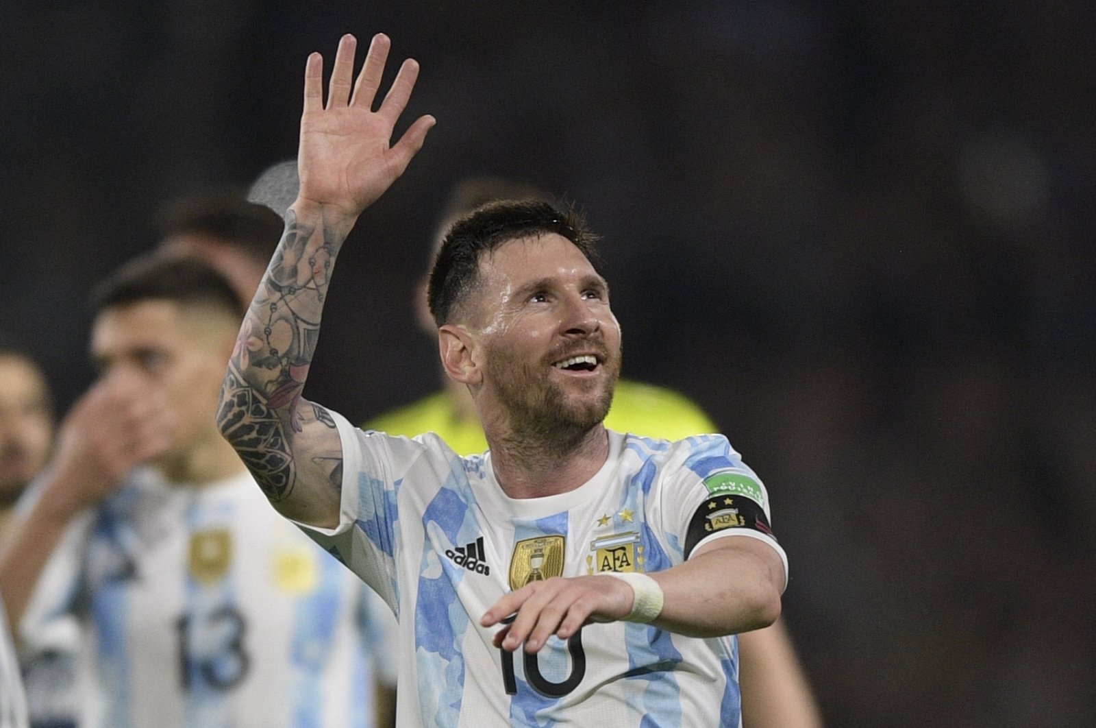 Argentina&#039;s Lionel Messi celebrates after a FIFA World Cup Qatar 2022 South American qualifier against Venezuela, Buenos Aires, Argentina, March 25, 2022. (AFP Photo)