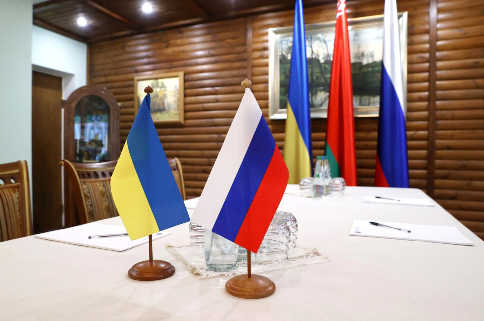 A handout photo made available by BelTA news agency shows a hall ready to host Russia-Ukraine cease-fire negotiations, at an undisclosed location in the Brest region, Belarus, March 7, 2022. (EPA via BelTa Handout)