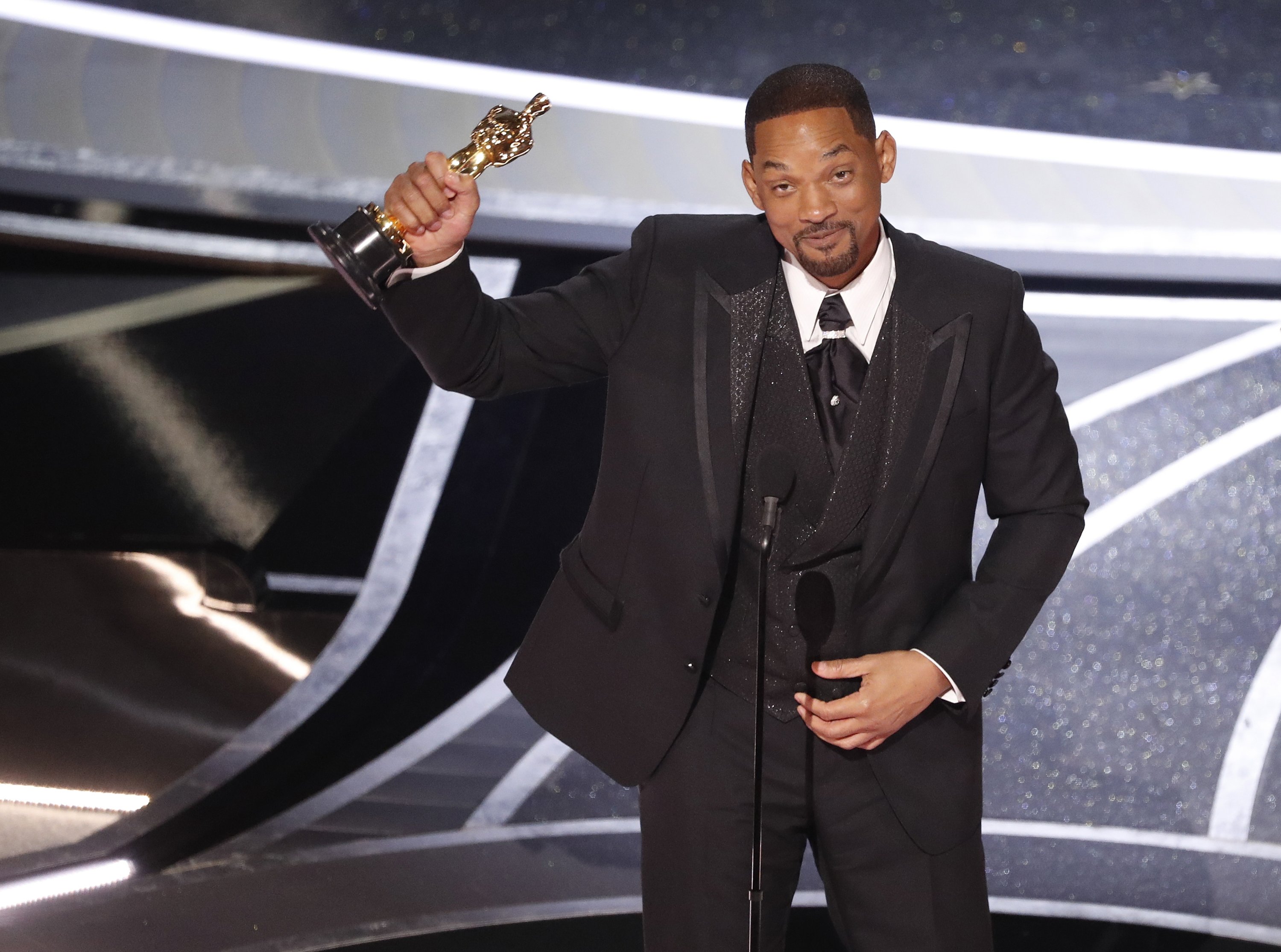 Us actor Will Smith reacts after winning the Oscar for Best Actor for 'King Richard' during the 94th annual Academy Awards ceremony at the Dolby Theatre in Hollywood, Los Angeles, California, USA, 27 March 2022. (EPA)