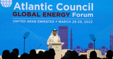 UAE Minister of Energy and Infrastructure Suhail al-Mazrouei speaks during the Atlantic Council's Global Energy Forum in Dubai, UAE, March 28, 2022. (AFP Photo)