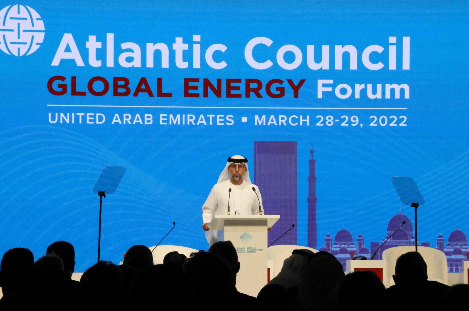 UAE Minister of Energy and Infrastructure Suhail al-Mazrouei speaks during the Atlantic Council&#039;s Global Energy Forum in Dubai, UAE, March 28, 2022. (AFP Photo)