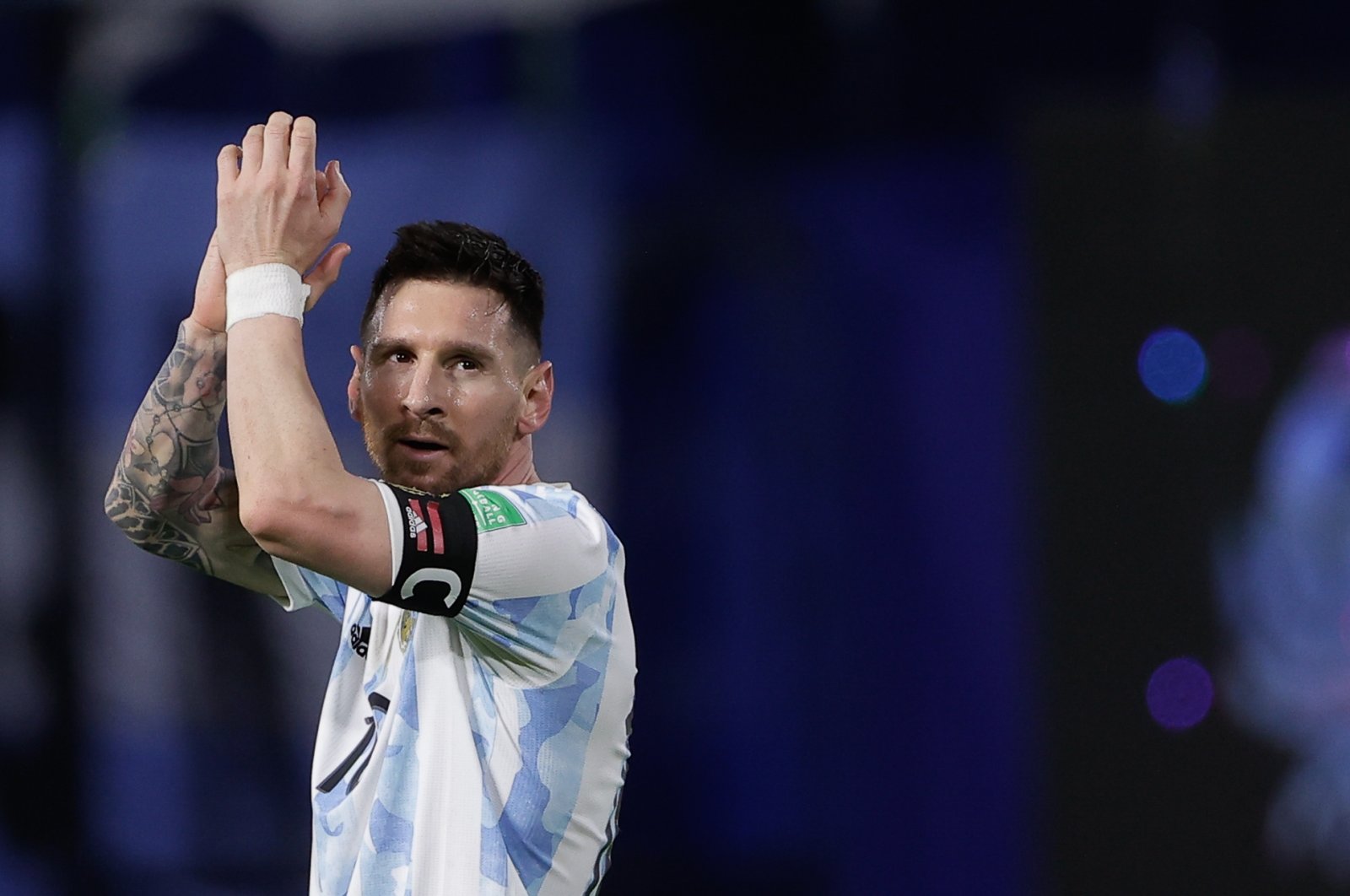 Lionel Messi celebrates after scoring in a World Cup qualifier match against Venezuela, Buenos Aires, Argentina, March 25, 2022. (EPA Photo)