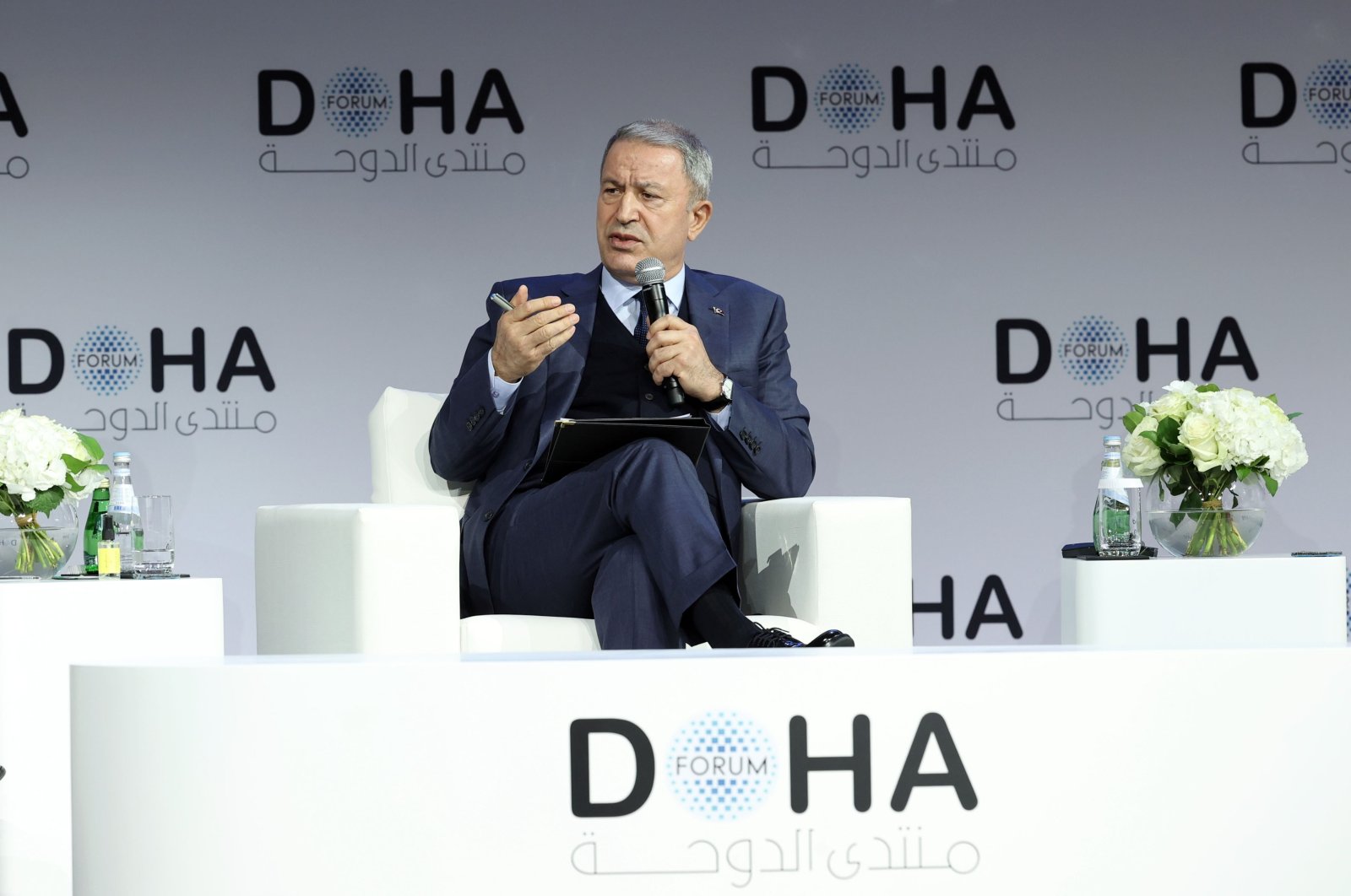 Defense Minister Hulusi Akar speaks at the 2022 Doha Forum in Doha, Qatar, March 28, 2022. (IHA Photo)