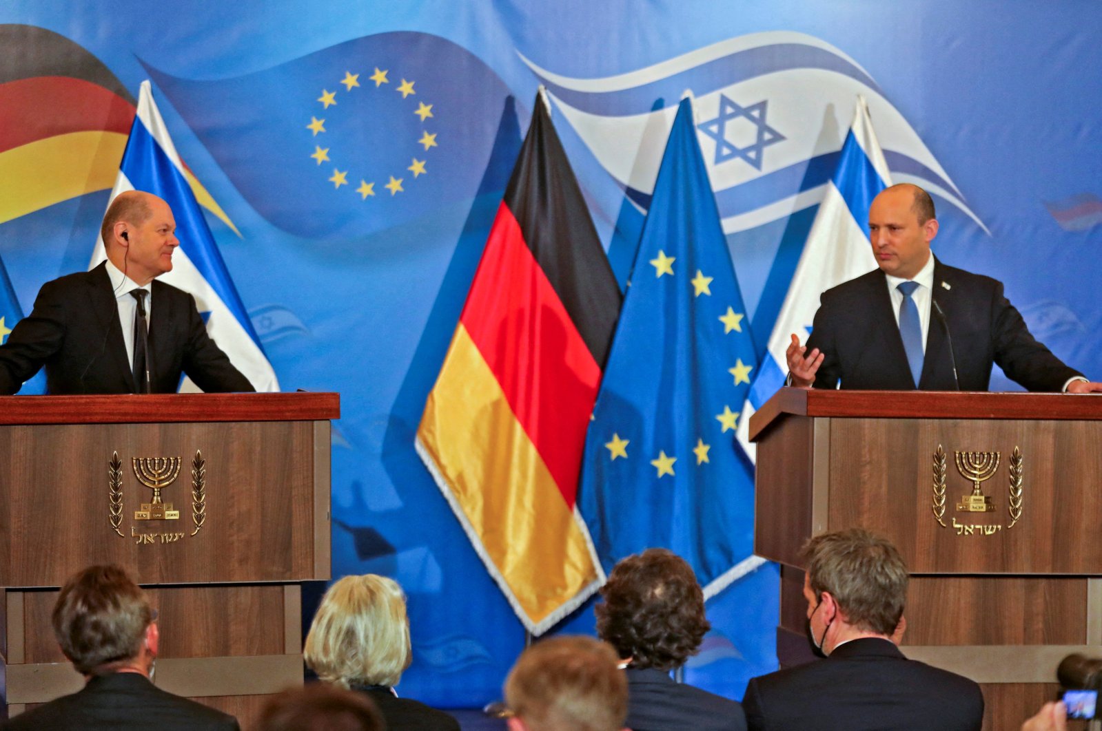 German Chancellor Olaf Scholz (L) and Israeli Prime Minister Naftali Bennett during a press conference at the King David Hotel in West Jerusalem, Israel, March 2, 2022. (Reuters Photo)
