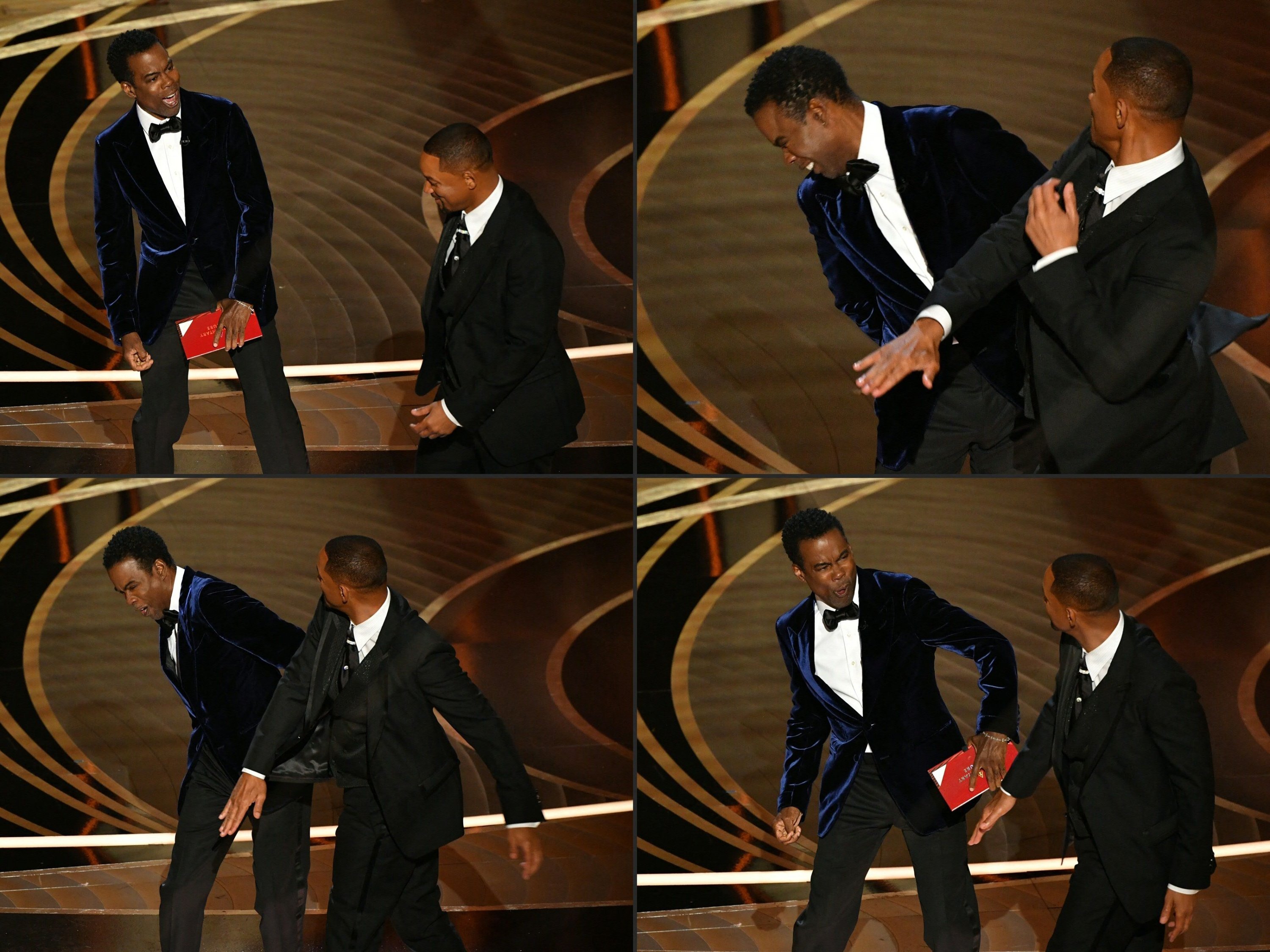 Kombinasi gambar yang dibuat pada 28 Maret 2022 ini menunjukkan aktor AS Will Smith (kanan) mendekati aktor AS Chris Rock di atas panggung dan kemudian (kanan) menamparnya, selama Oscar ke-94 di Dolby Theatre di Hollywood, California, AS, 27 Maret , 2022. (Foto AFP)