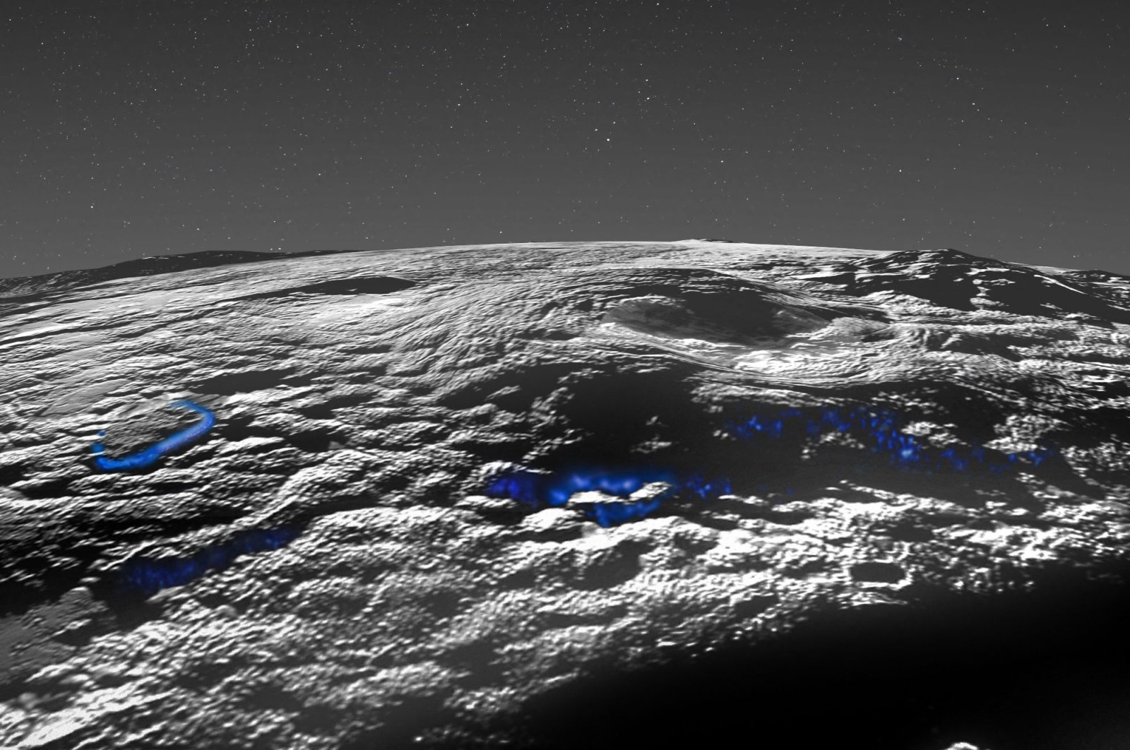 This image released by NASA / Johns Hopkins University Applied Physics Laboratory / Southwest Research Institute shows a perspective view of Pluto&#039;s icy volcanic region, March 29, 2022. (AFP Photo / NASA / Johns Hopkins University Applied Physics Laboratory / Southwest Research Institute / Isaac Herrera / Kelsi Singer)