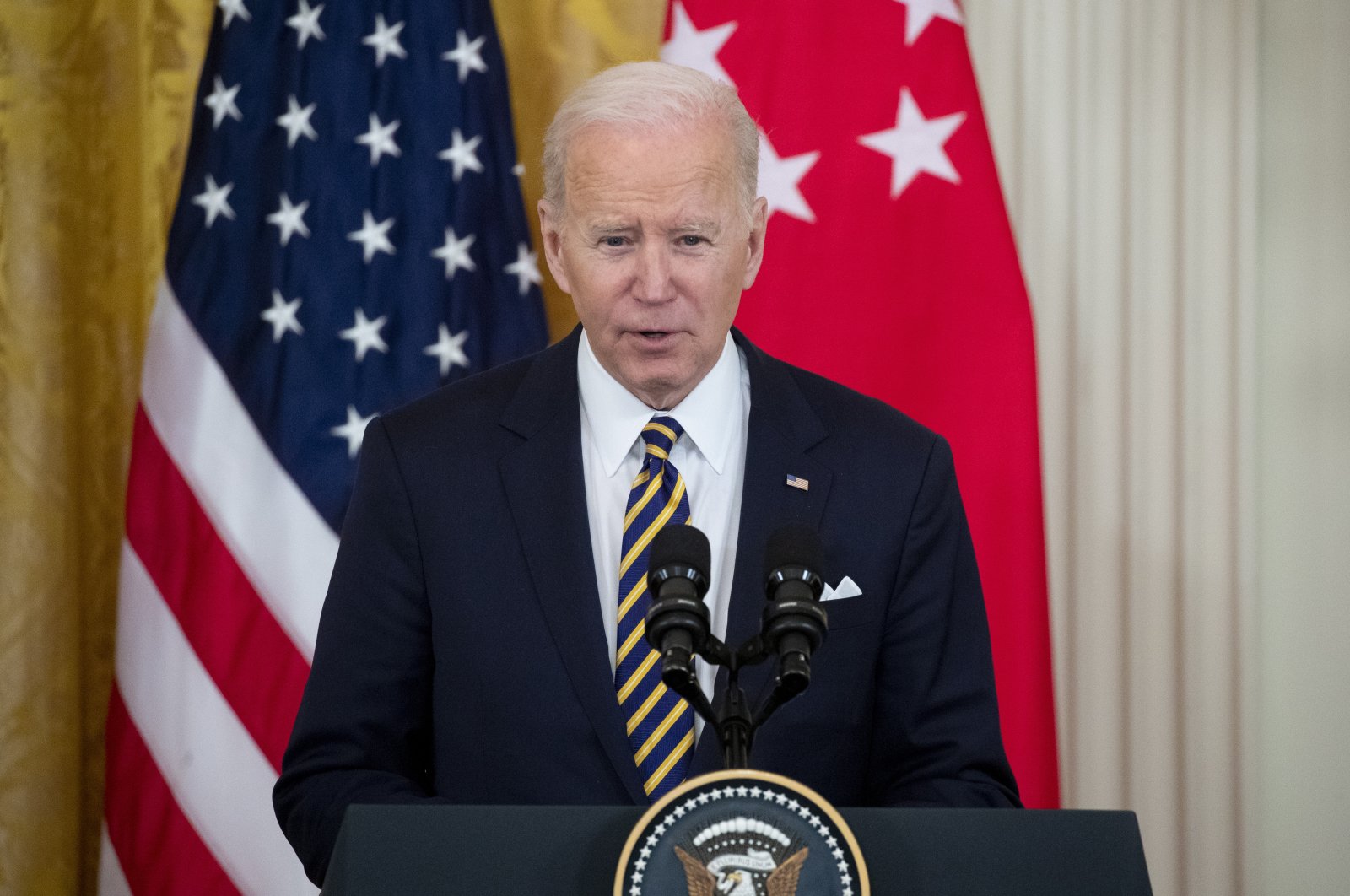 U.S. President Joe Biden speaks beside Prime Minister Lee Hsien Loong (not pictured) of Singapore as they make a joint press statement in the East Room of the White House in Washington, U.S., March 29, 2022. (EPA)