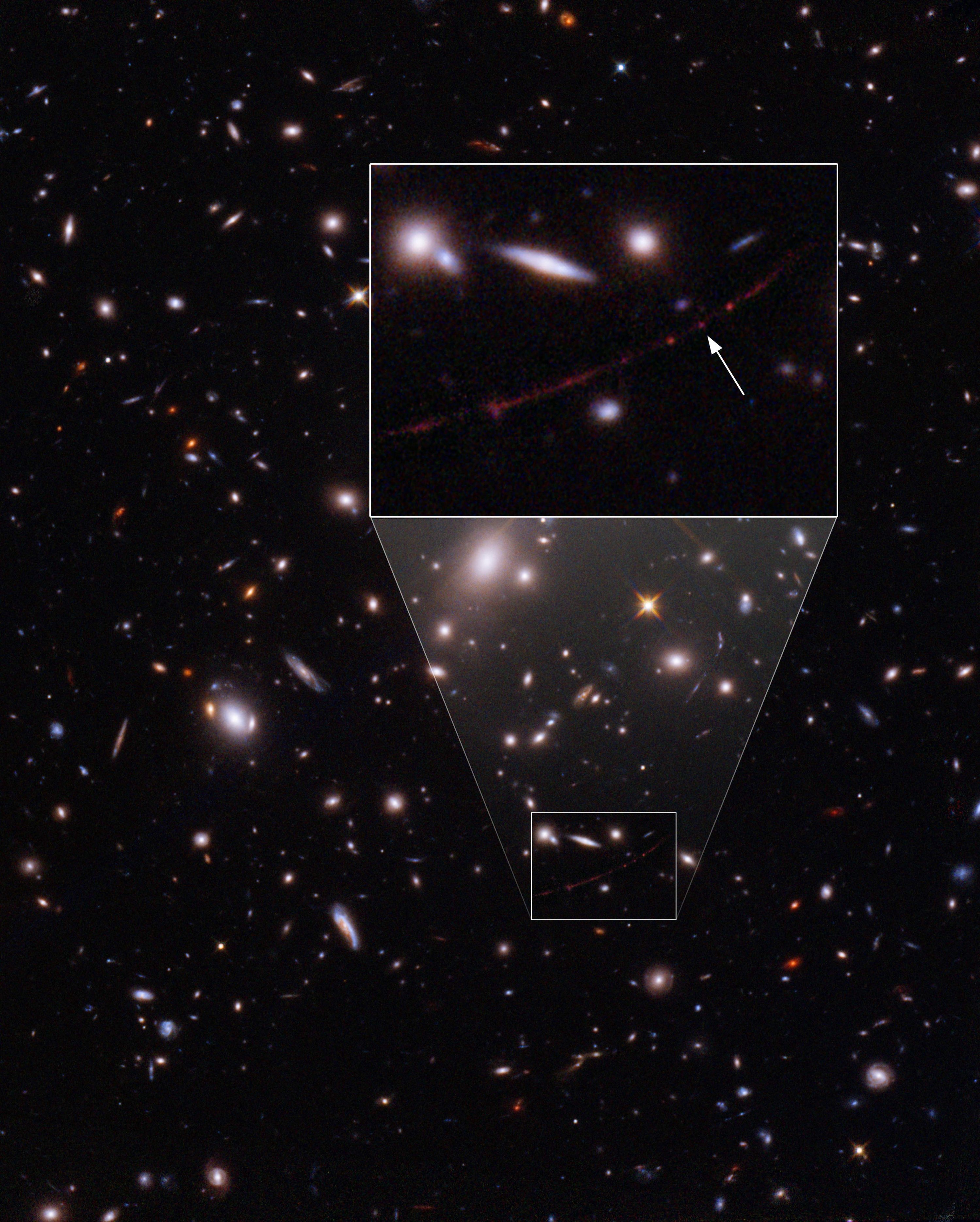 Gambar ini diperoleh dari Badan Antariksa Eropa pada 30 Maret 2022, menunjukkan bintang berjuluk Earendel (panah) yang ditangkap oleh Teleskop Luar Angkasa Hubble NASA/ESA, membuat rekor baru dengan mendeteksi cahaya bintang yang ada dalam miliaran tahun pertama. setelah Big Bang, bintang individu paling jauh yang pernah terlihat.  (NASA, ESA, B. Welch - JHU, D. Coe - STScI, A. Pagan - STScI melalui AP)