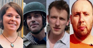 This combination of file photos created on Oct. 28, 2019, shows (L-R) aid worker Kayla Mueller, freelance reporter James Foley, aid worker Peter Kassig and journalist Steven Sotloff. (AFP)