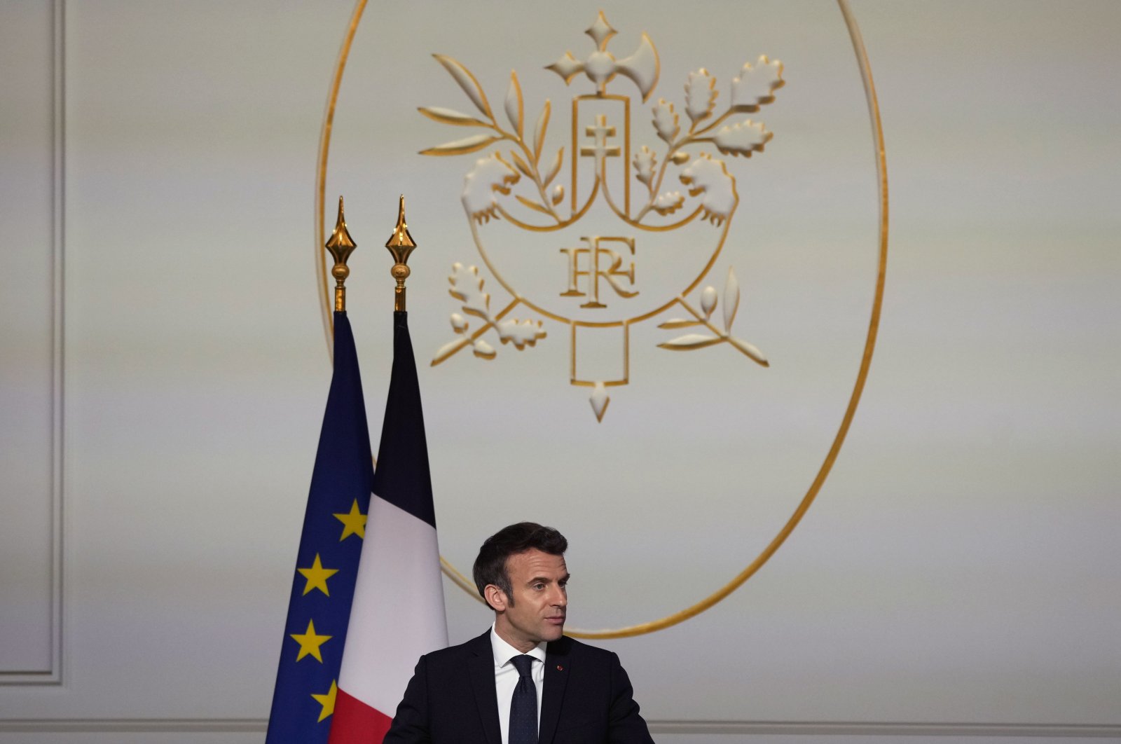 French President Emmanuel Macron delivers a speech during a ceremony to honor the 28 French medal-winning athletes of the Beijing 2022 Winter Olympics and Paralympics at the Elysee Palace in Paris, France, March 29, 2022.  (EPA Photo)