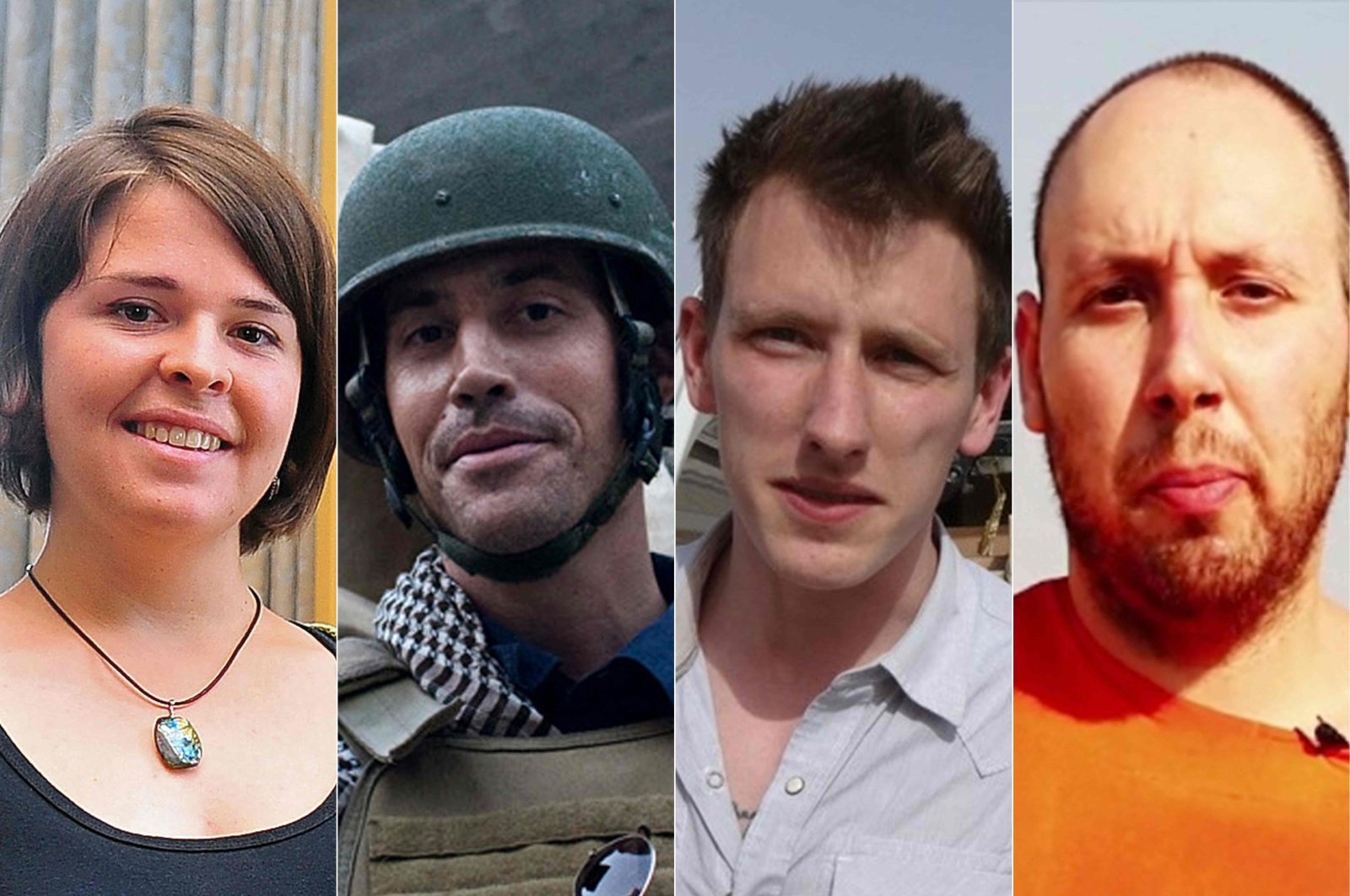 This combination of file photos created on Oct. 28, 2019, shows (L-R) aid worker Kayla Mueller, freelance reporter James Foley, aid worker Peter Kassig and journalist Steven Sotloff. (AFP)