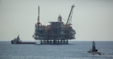 An oil platform in Israel&#039;s offshore Leviathan gas field is seen from onboard the Israeli Navy Ship Atzmaut as a submarine patrols the area, in the Mediterranean Sea, Sept. 1, 2021. (AP Photo)