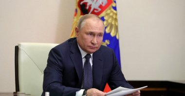 Russian President Vladimir Putin chairs a meeting on the development of air transportation and aircraft manufacturing via a video link at the Novo-Ogaryovo state residence outside Moscow, Russia, March 31, 2022. (Kremlin via Reuters)