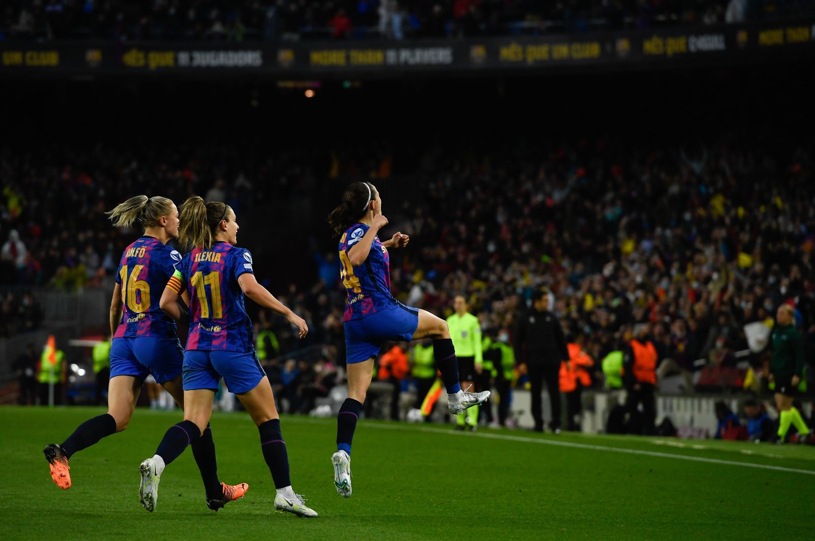 Barcelona players celebrate a goal in a UEFA Women&#039;s Champions League match against Real Madrid, Barcelona, Spain, March 30, 2022. (AA Photo)