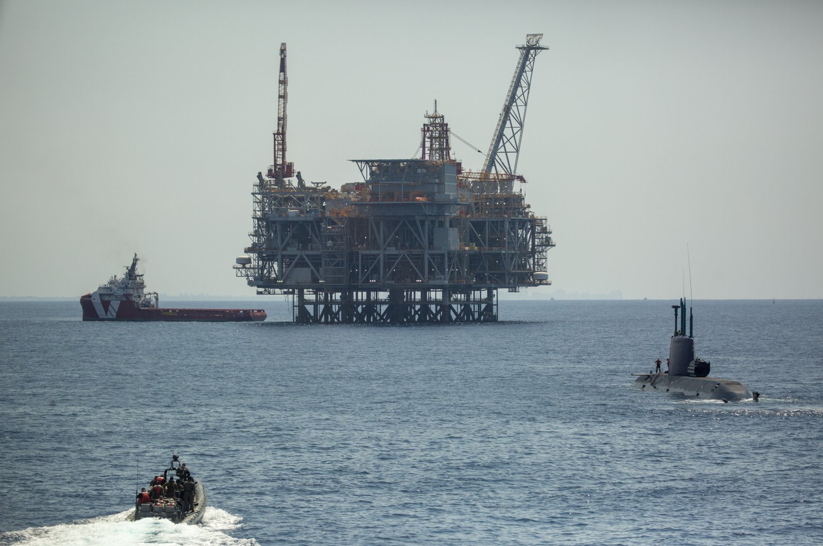 An oil platform in Israel&#039;s offshore Leviathan gas field is seen from onboard the Israeli Navy Ship Atzmaut as a submarine patrols the area, in the Mediterranean Sea, Sept. 1, 2021. (AP Photo)