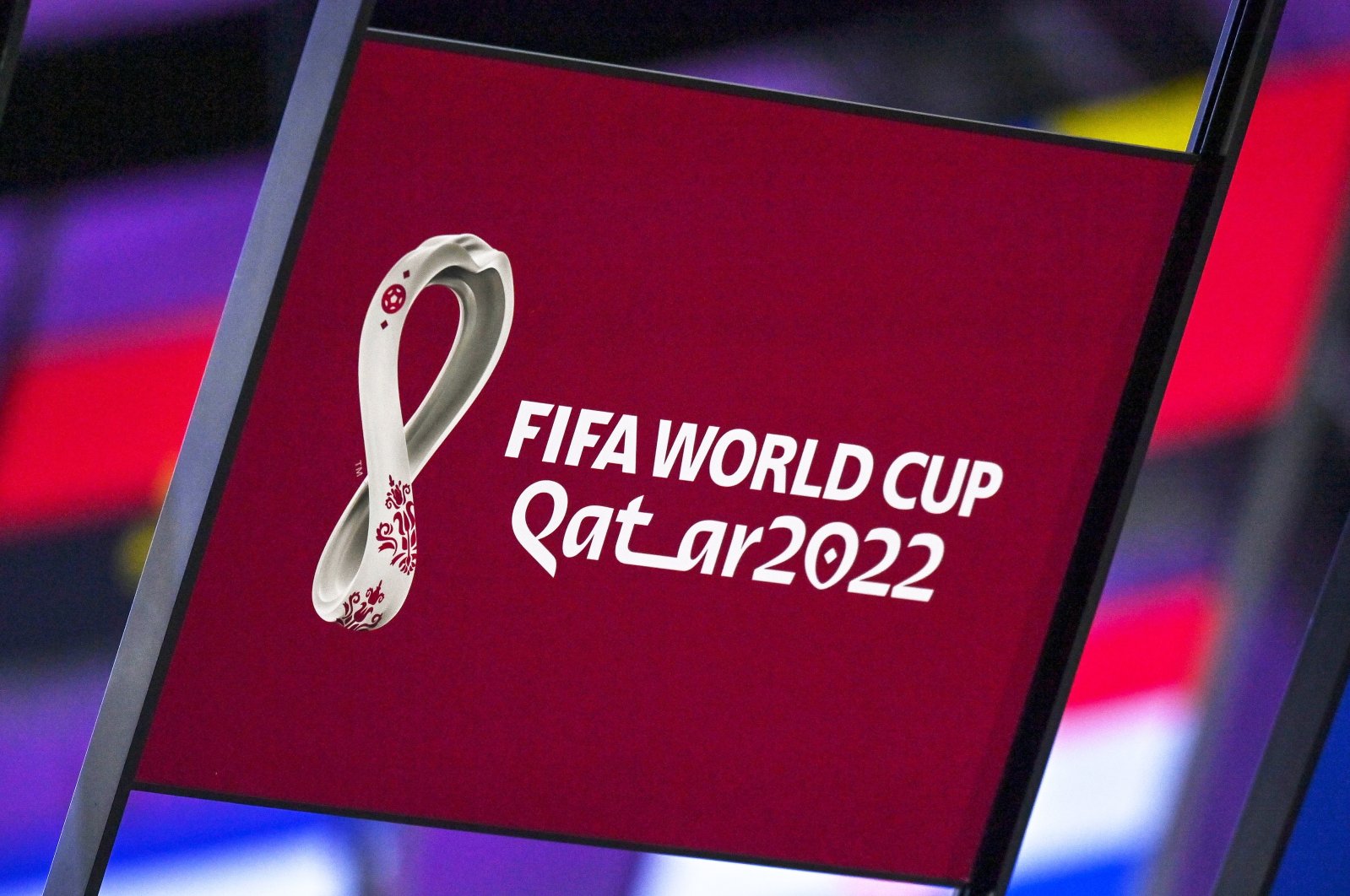 A FIFA World Cup Qatar 2022 sign during the 72nd FIFA Congress in Doha, Qatar, March 31, 2022. (EPA Photo)