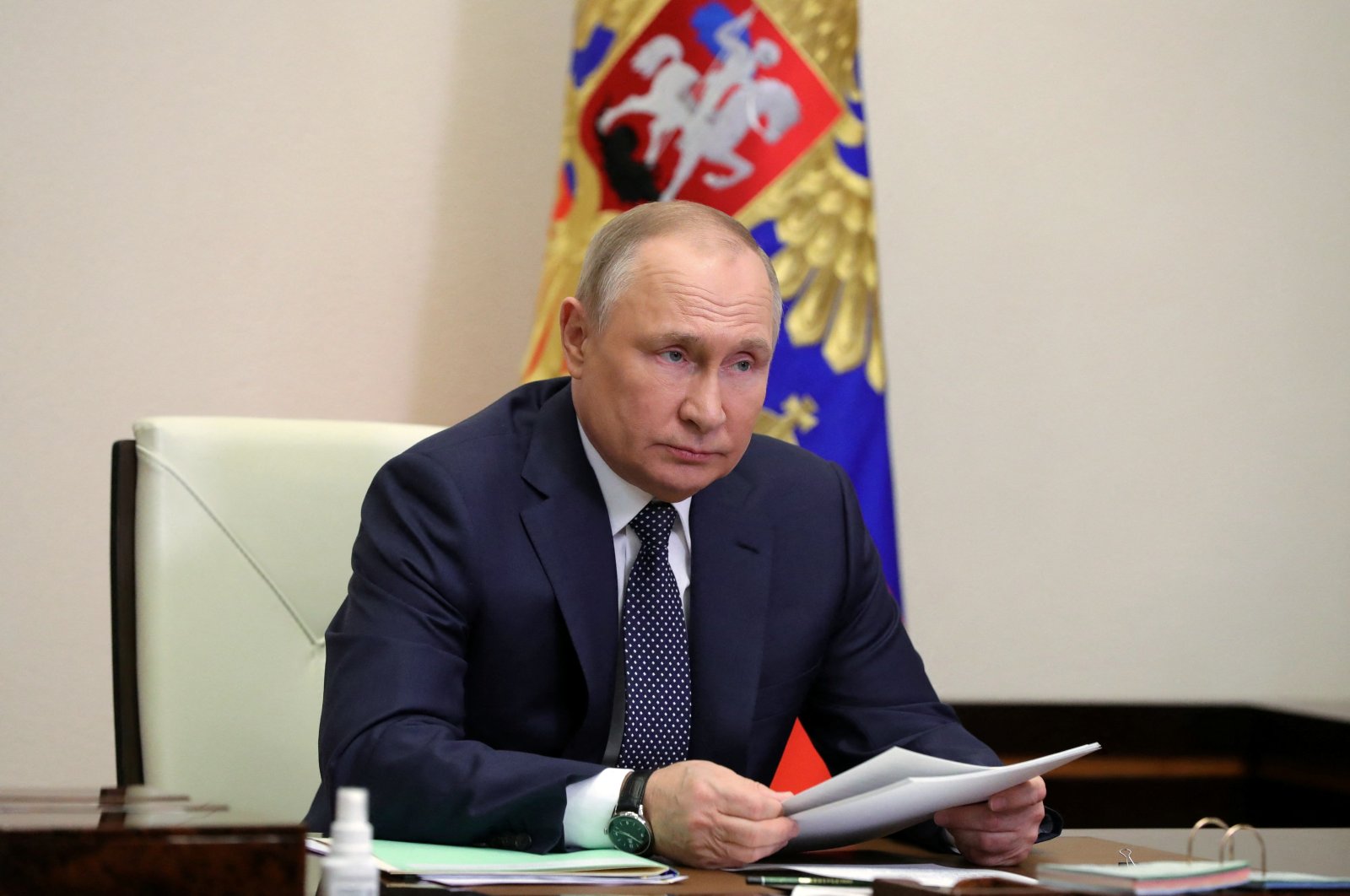 Russian President Vladimir Putin chairs a meeting on the development of air transportation and aircraft manufacturing via a video link at the Novo-Ogaryovo state residence outside Moscow, Russia, March 31, 2022. (Kremlin via Reuters)