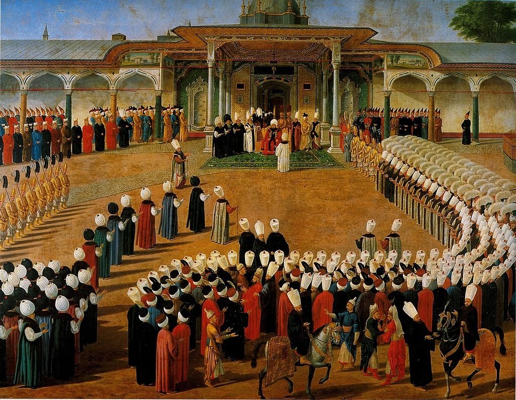 A painting depicts Sultan Selim III accepting the allegiance by sitting on a throne placed in front of the Bab-ı Hümayun (Imperial Gate) in the Topkapı Palace. (Wikimedia)