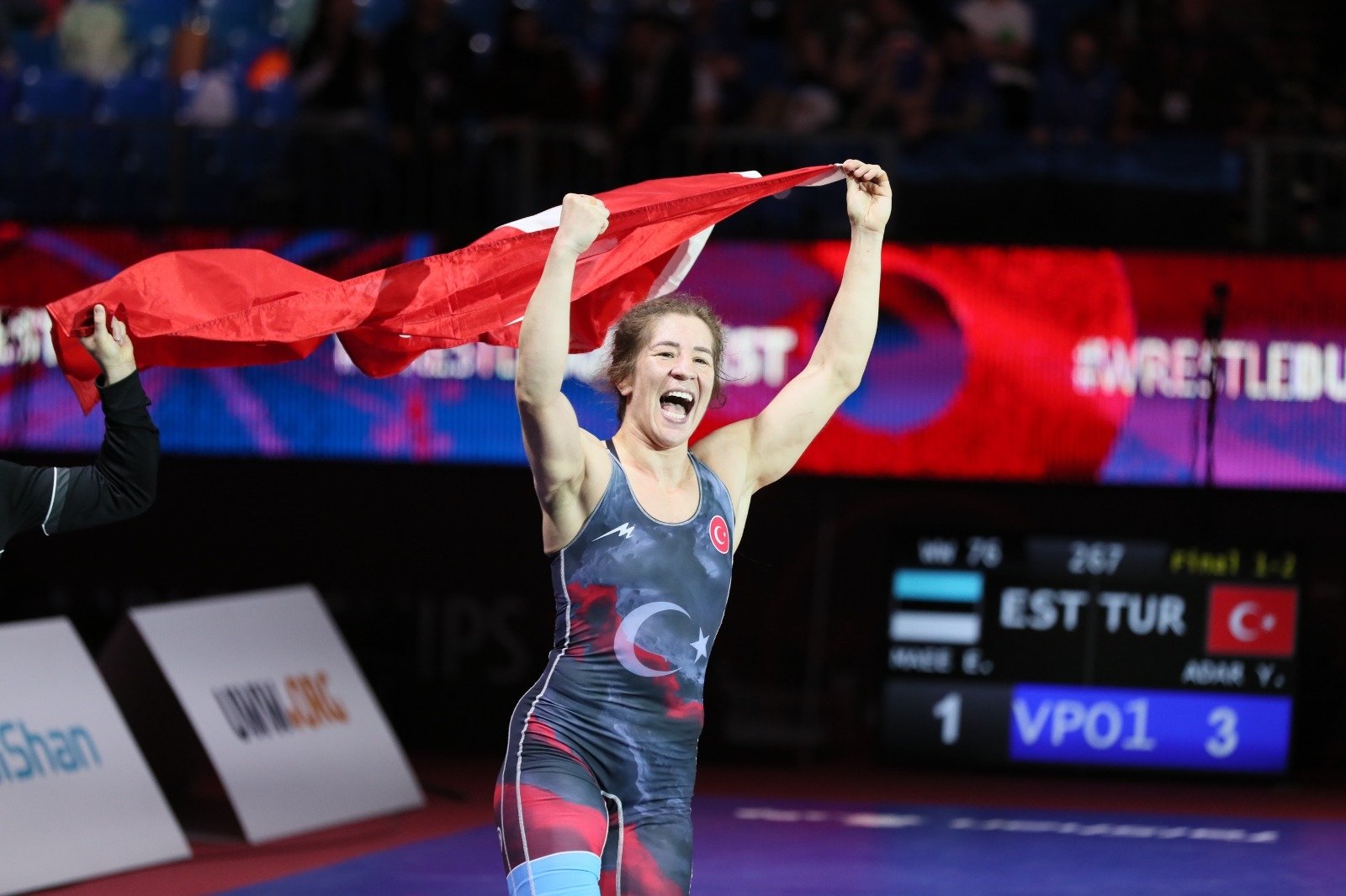 Yasemin Adar celebrates winning the women&#039;s freestyle 76-kg final at the European Wrestling Championships, Budapest, Hungary, March 31, 2022. (AA Photo)