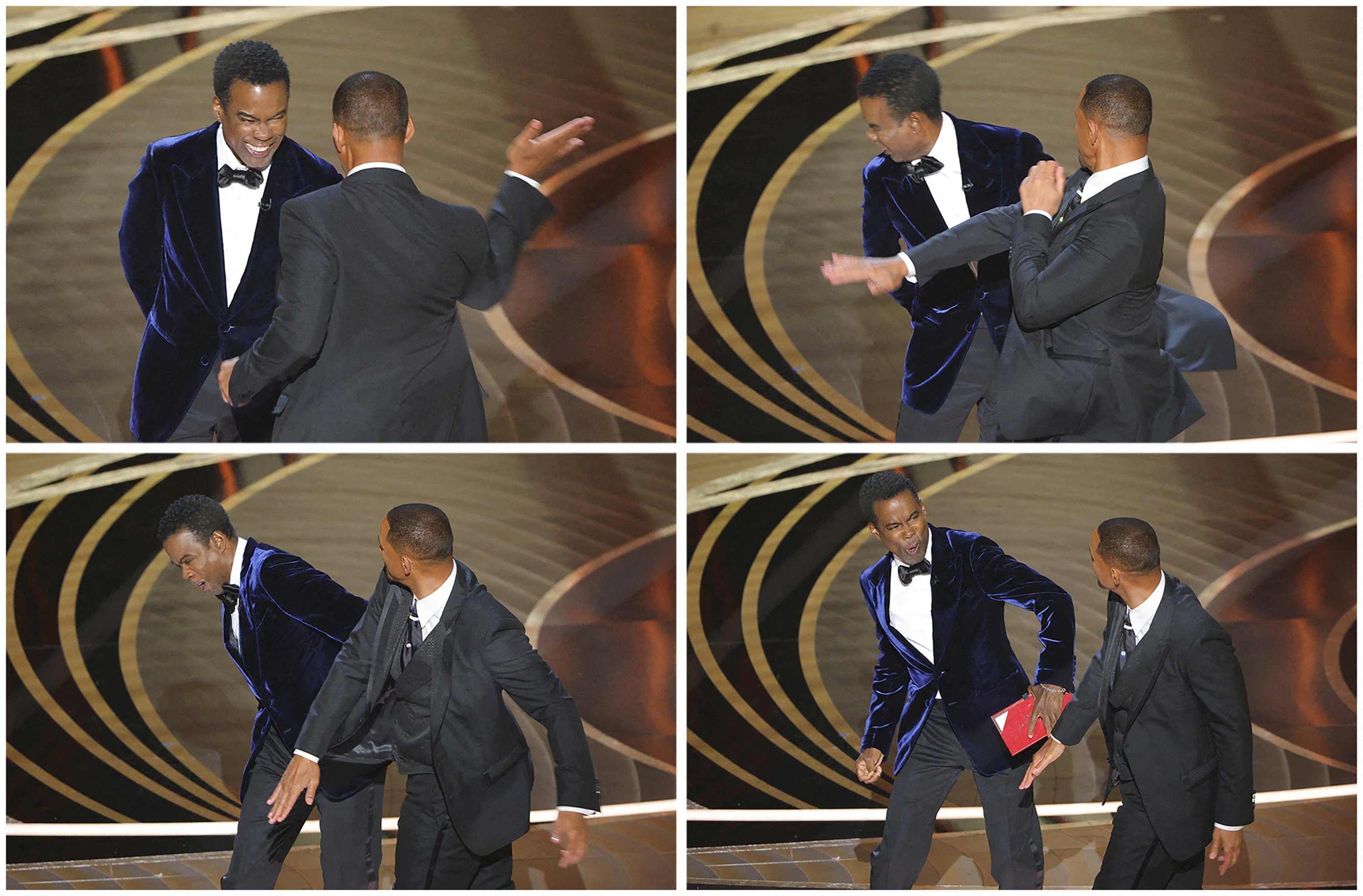 Gambar kombinasi menunjukkan Will Smith menampar Chris Rock saat Rock berbicara di atas panggung selama Academy Awards ke-94 di Hollywood, Los Angeles, California, AS, 27 Maret 2022. (REUTERS)