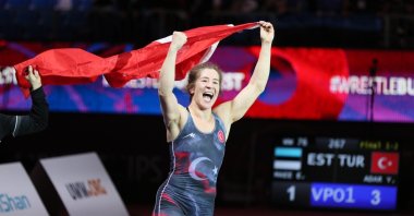 Yasemin Adar celebrates winning the women's freestyle 76-kg final at the European Wrestling Championships, Budapest, Hungary, March 31, 2022. (AA Photo)