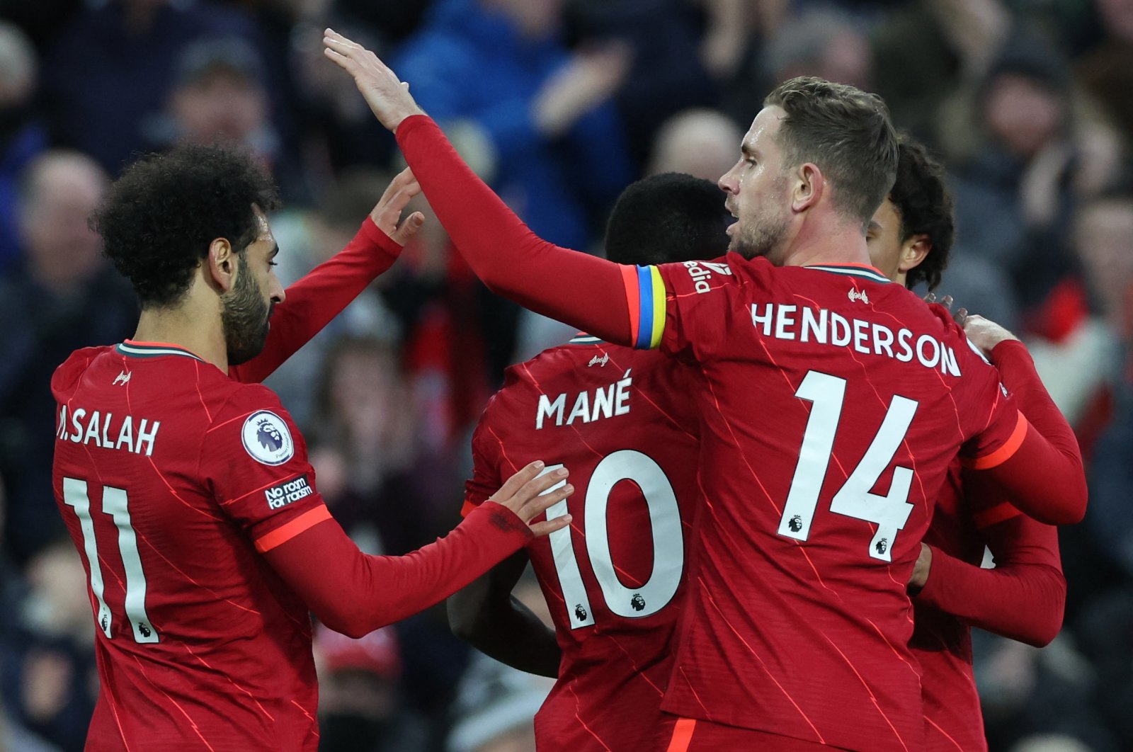 Liverpool&#039;s players celebrate a goal against West Ham United, Liverpool, England, March 5, 2022. (Reuters Photo)