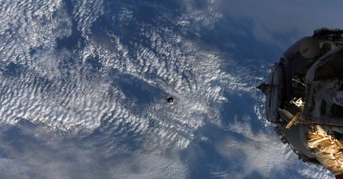 The Soyuz MS-21 spacecraft carrying Russian cosmonauts Oleg Artemyev, Denis Matveev and Sergey Korsakov is seen during its docking to the International Space Station (ISS), March 18, 2022. (Anton Shkaplerov/Roscosmos/Handout via Reuters)