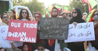Supporters of Pakistani Prime Minister protest ahead of a vote of no-confidence in the capital Islamabad, Pakistan, April 2, 2022. (AA Photo)