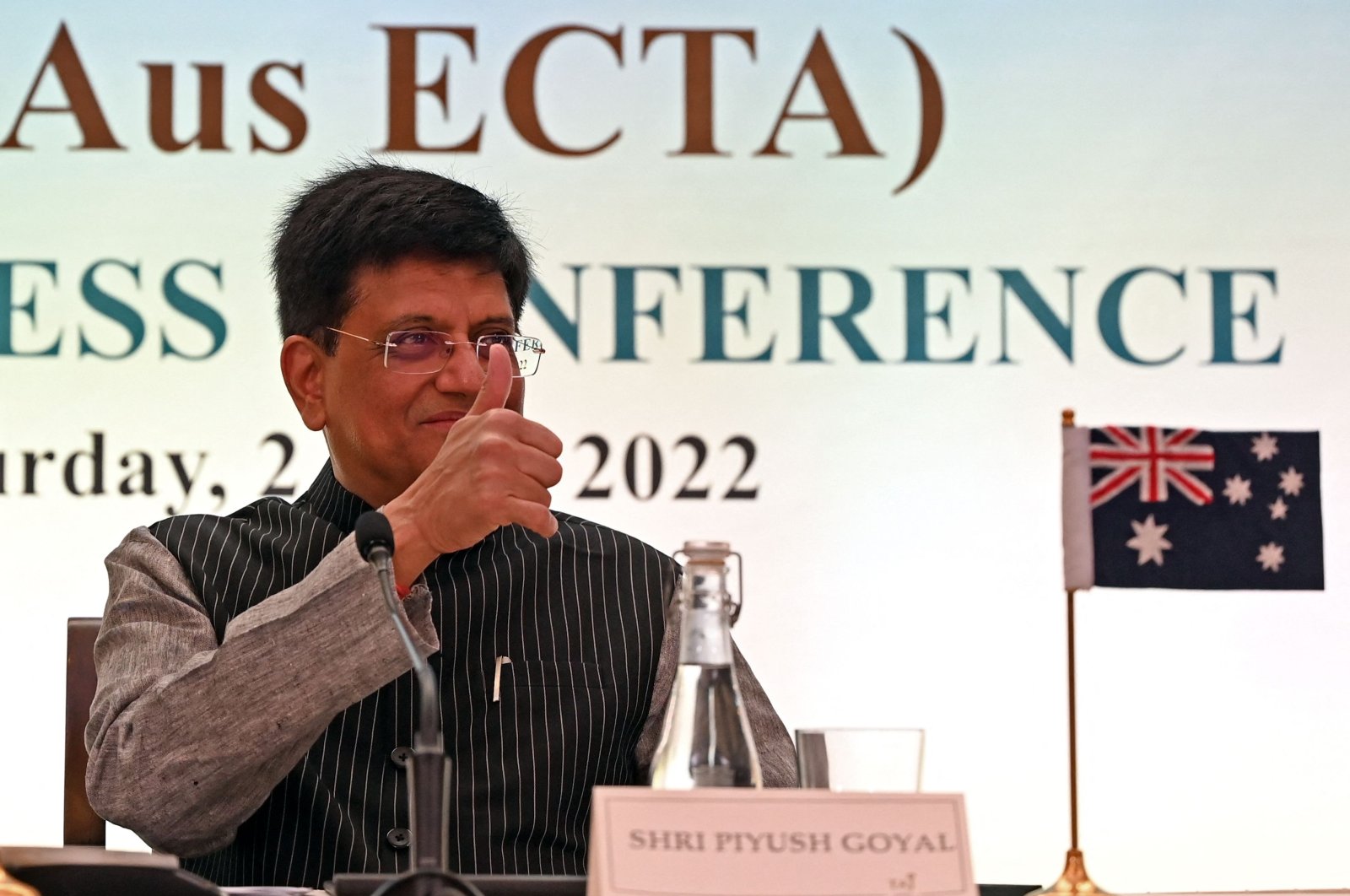 India&#039;s Commerce Minister Piyush Goyal gestures while addressing a joint press conference after taking part in the virtual signing ceremony of the India-Australia economic cooperation and trade agreement with Australian Trade Minister Dan Tehan, New Delhi, India, April 2, 2022. (AFP Photo)