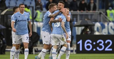 Lazio players celebrate a goal in a Serie A match against Sassuolo, Rome, Italy, April 2, 2022. (EPA Photo)