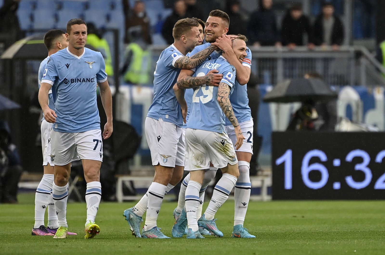 Lazio players celebrate a goal in a Serie A match against Sassuolo, Rome, Italy, April 2, 2022. (EPA Photo)