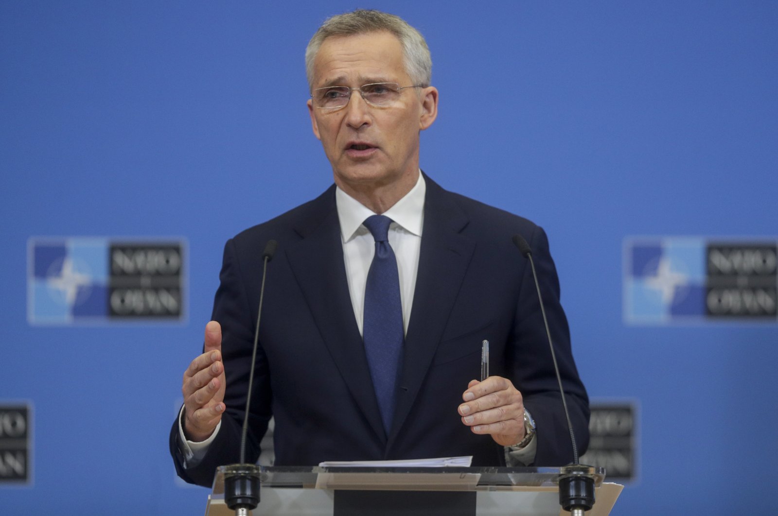 NATO Secretary-General Jens Stoltenberg presents the annual report 2021 of the Alliance during a press conference in Brussels, Belgium, March 31, 2022.  (EPA Photo)