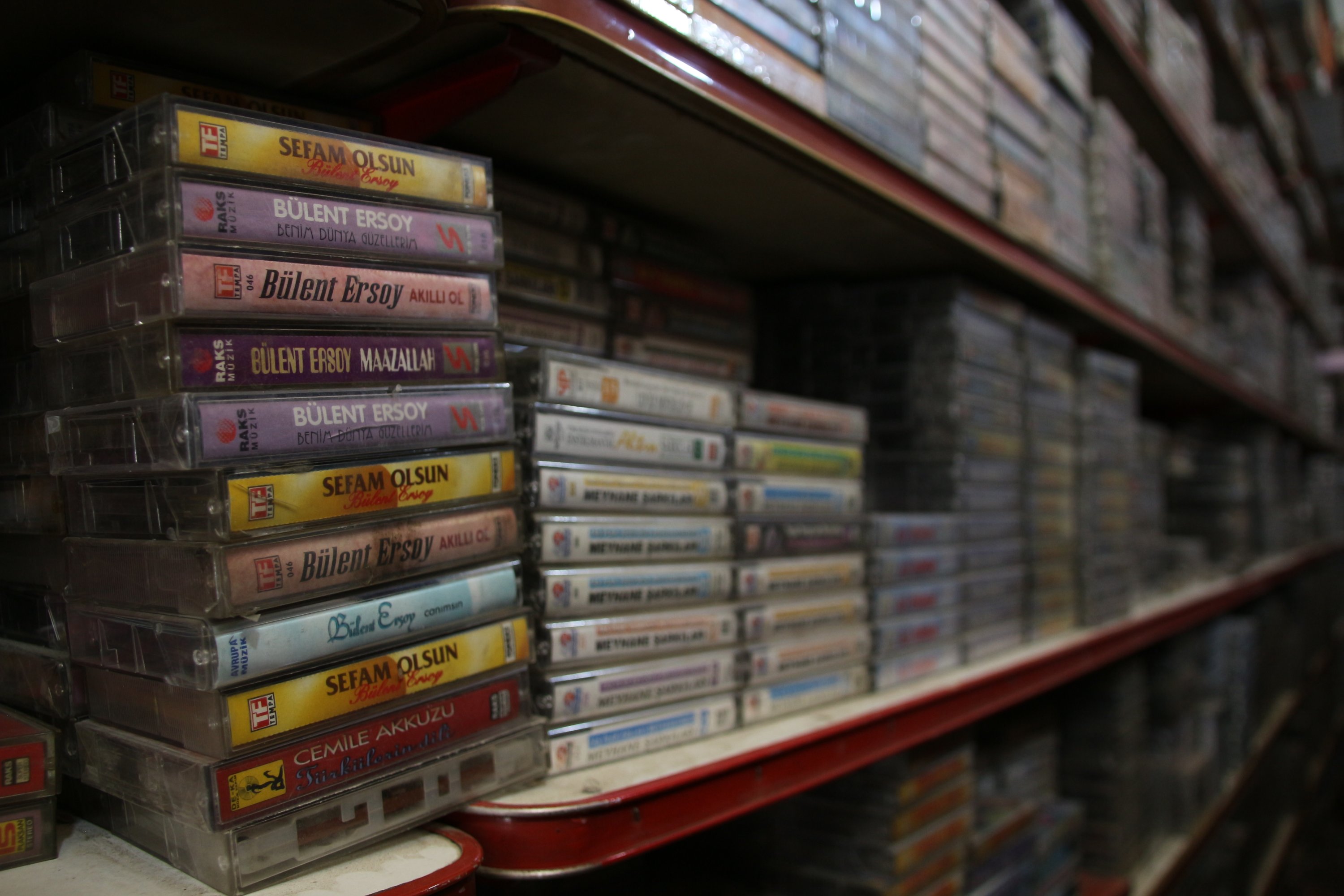 Some cassettes in Eyüp Mermer's shop in the Bedesten Çarşısı, in Konya, Turkey, April 3, 2022. (AA Photo)