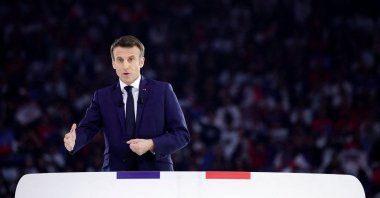 French President Emmanuel Macron, candidate for his reelection in the 2022 French presidential election, attends a political campaign rally at Paris La Defense Arena in Nanterre, France, April 2, 2022. (Reuters Photo)