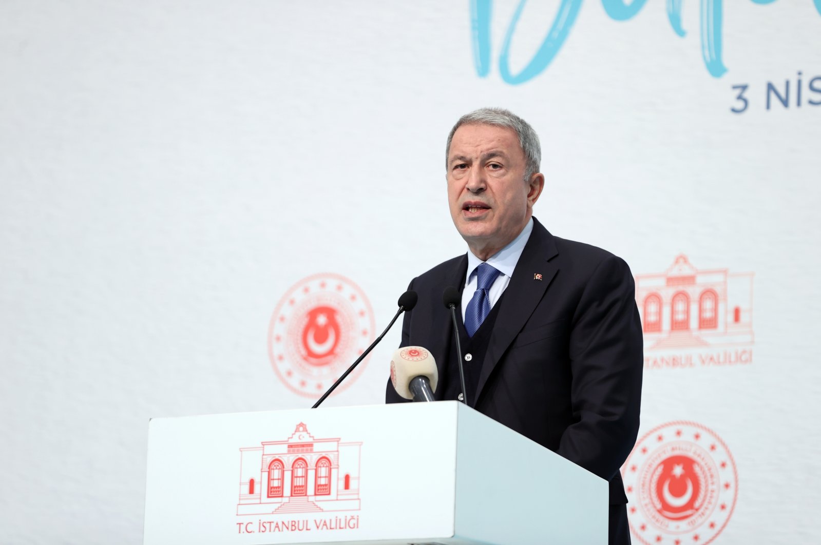 Defense Minister Hulusi Akar speaking during an iftar event in Istanbul, Turkey, April 3, 2022. (AA Photo)