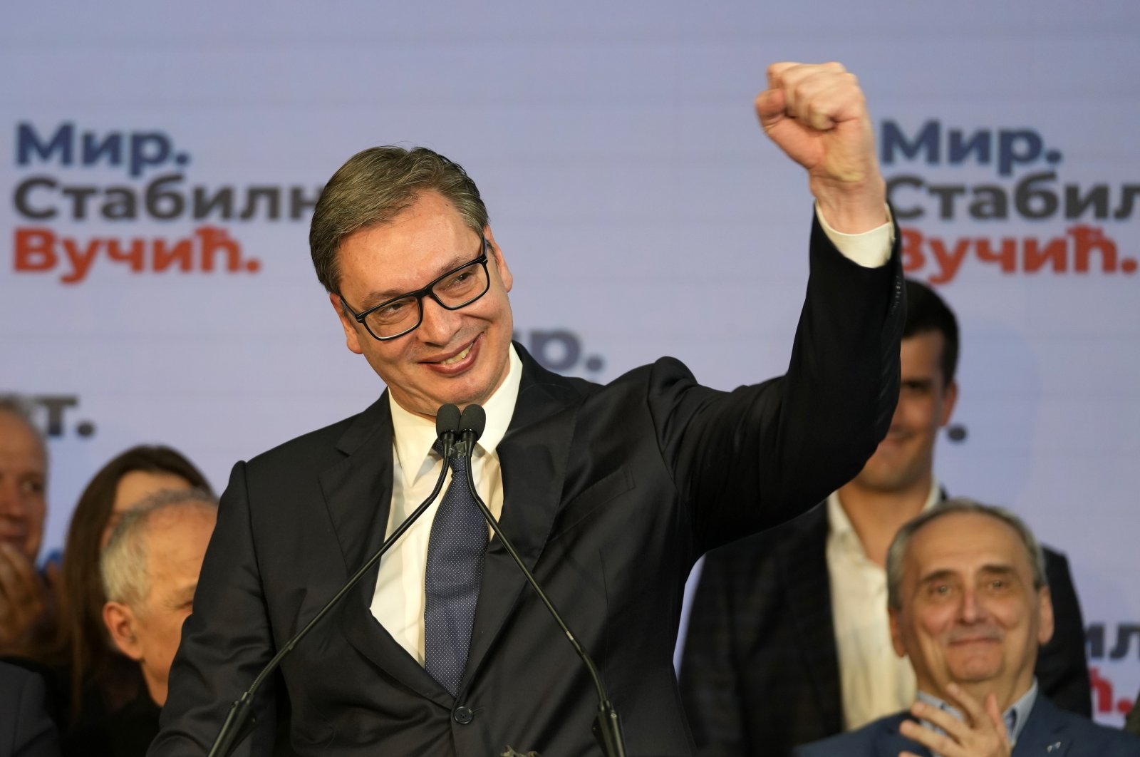Serbian President Aleksandar Vucic gestures during a news conference after claiming victory for a second term in the presidential election in Belgrade, Serbia, April 3, 2022. (AP Photo)