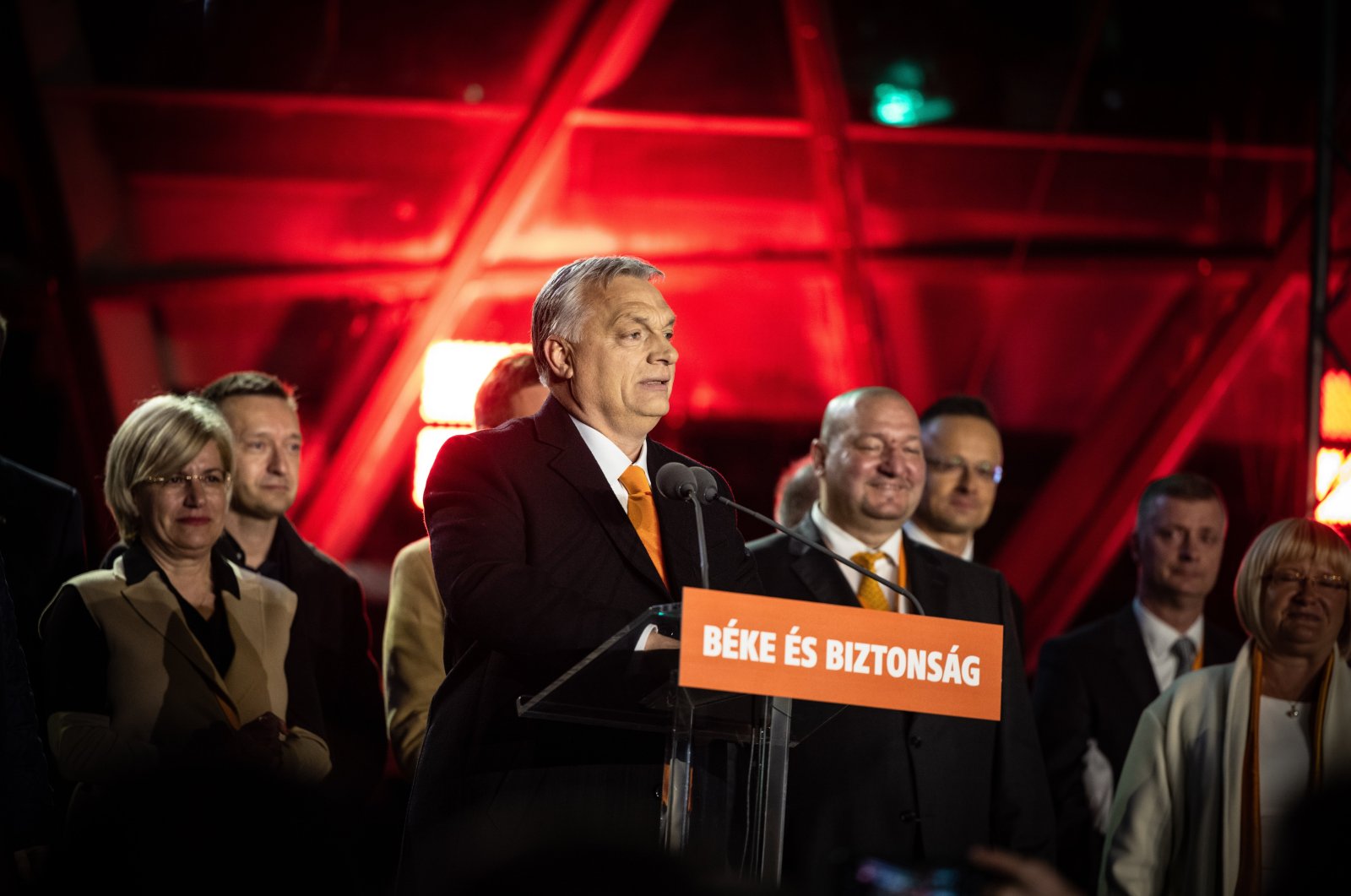 Hungarian Prime Minister Viktor Orban (C) delivers a speech during the governing Fidesz-KDNP party&#039;s event after the general election and national referendum on the child protection law in Budapest, Hungary, April 3, 2022. (Hungarian Prime Minister&#039;s Office / Handout via EPA)
