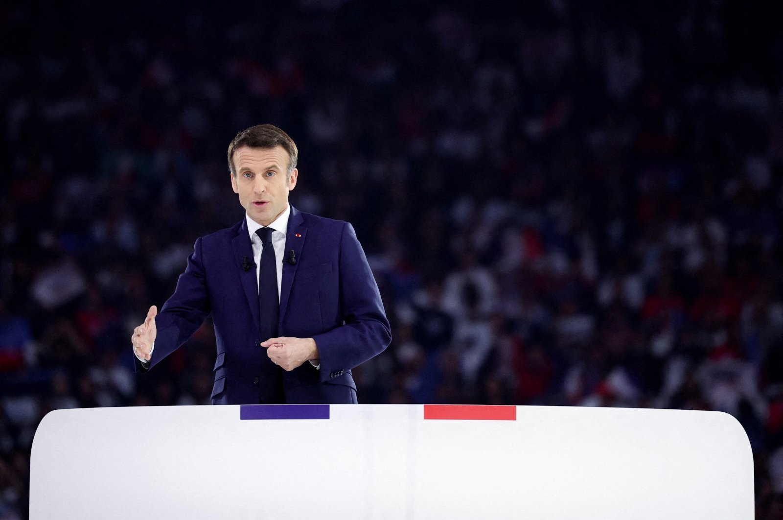 French President Emmanuel Macron, candidate for his reelection in the 2022 French presidential election, attends a political campaign rally at Paris La Defense Arena in Nanterre, France, April 2, 2022. (Reuters Photo)