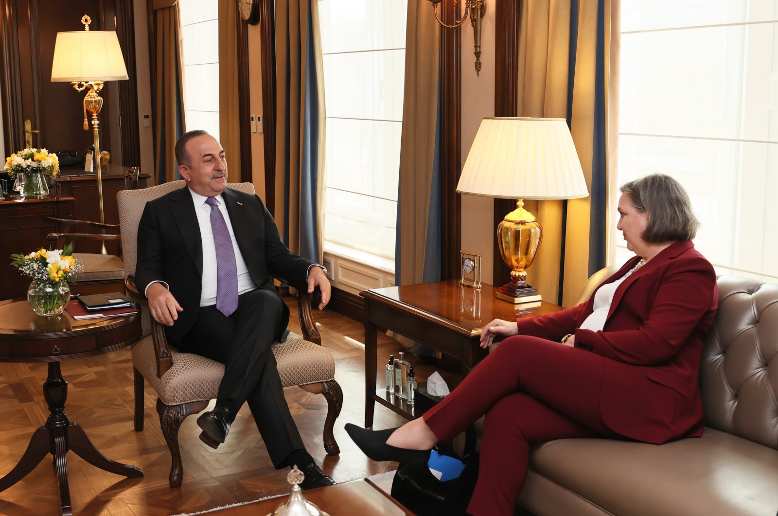 Foreign Minister Mevlüt Çavuşoğlu (L) and U.S. Under Secretary of State Victoria Nuland are seen during talks in Ankara on Apr. 4, 2022 (AA Photo)