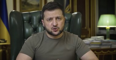 In this image from video provided by the Ukrainian Presidential Press Office, Ukrainian President Volodymyr Zelenskyy speaks from Kyiv, Ukraine, Monday, April 4, 2022. (Ukrainian Presidential Press Office via AP)