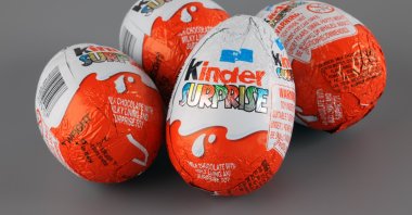 Four Kinder Surprise eggs are shown on a gray background in this illustration photo taken on April 4, 2013. (Alamy via Reuters)