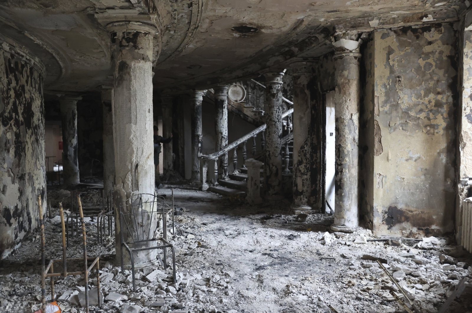 Debris covers the inside of the Mariupol theater damaged by Russian attacks in Mariupol, eastern Ukraine, April 4, 2022. (AP Photo)