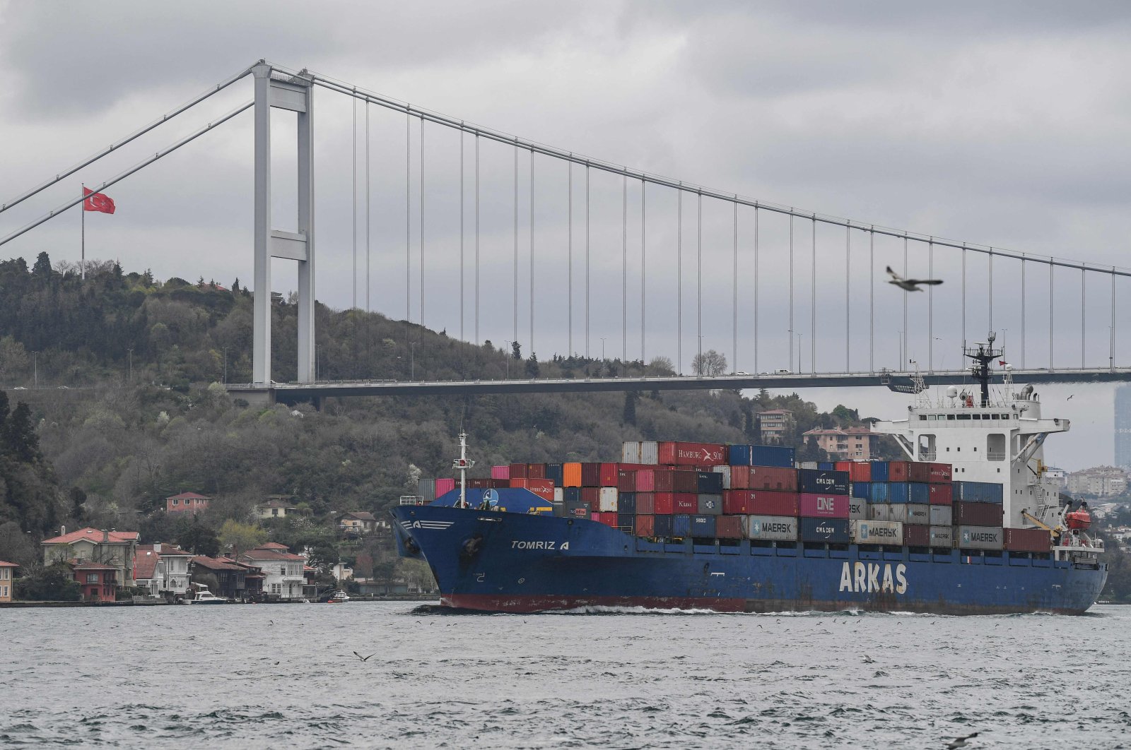 A ship sails through the Bosporus Strait in Istanbul, Turkey on route to the Black Sea, April 23,2021. (AFP Photo)
