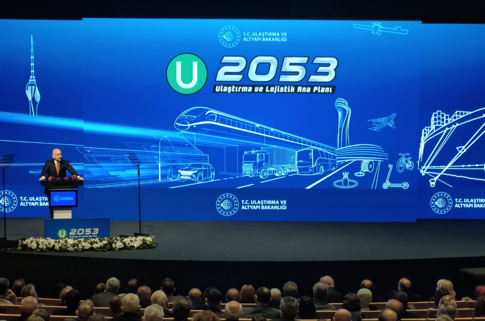 Transport and Infrastructure Minister Adil Karaismailoğlu delivers a speech during the “Transportation and Logistics Master Plan – Transportation 2053 Vision Launching” meeting in Istanbul, Turkey, April 5, 2022. (IHA Photo)