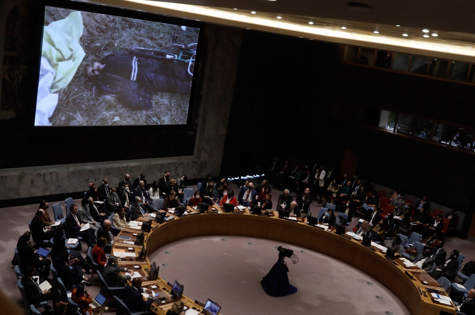 A video of the devastation of Ukraine is watched by the United Nations Security Council during a United Nations Security Council meeting on the situation in Ukraine amid the Russian military invasion, at the United Nations headquarters, in New York, New York, USA, 05 April 2022.  EPA/PETER FOLEY
