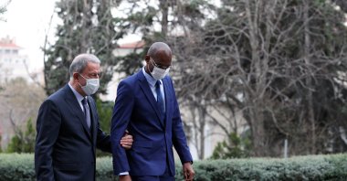 Defense Minister Hulusi Akar (L) meets with his Malian counterpart Sadio Camara in the capital Ankara, Turkey, April 5, 2022. (AA)