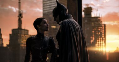 A shot of Zoe Kravitz (L), and Robert Pattinson in a scene from "The Batman", March 20, 2022. (AP Photo)